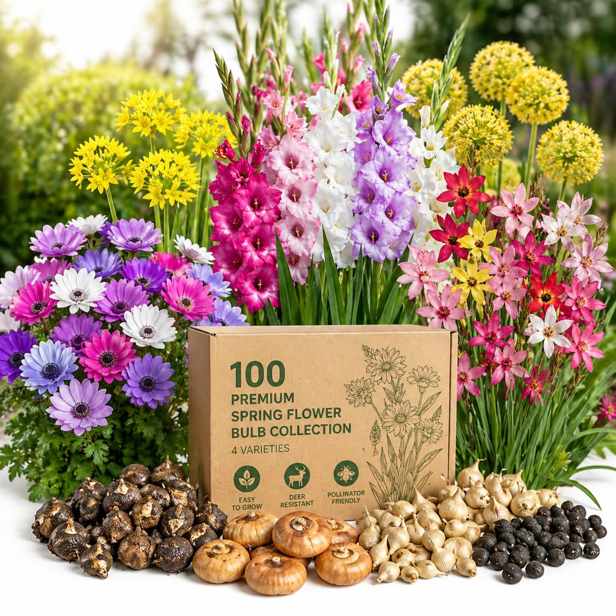 100 Premium Bulbs for Spring and Summer Flower Mix – Anemone, Gladiolus, Allium & Ixia – Easy-Grow Perennial Garden Flowers – Attracts Bees, Butterflies & Hummingbirds – Outdoor Planting