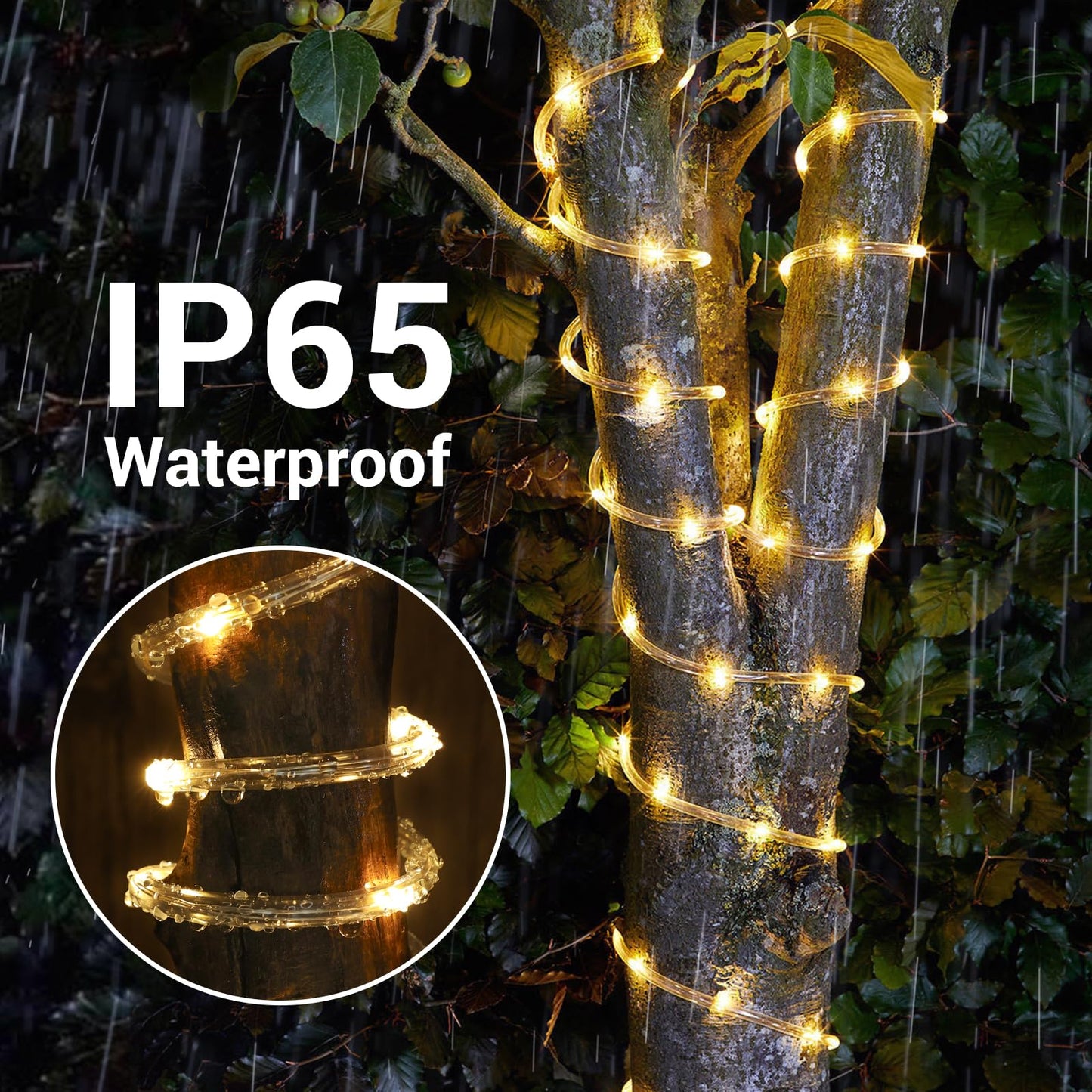 Solar Rope Lights, 66ft 200LED Solar String Lights, 8 Modes Waterproof Solar Powered Outdoor Light, Flexible Clear Tube Light for Garden, Backyard, Patio, Deck, Porch, Pool, Tree Decor - Warm White