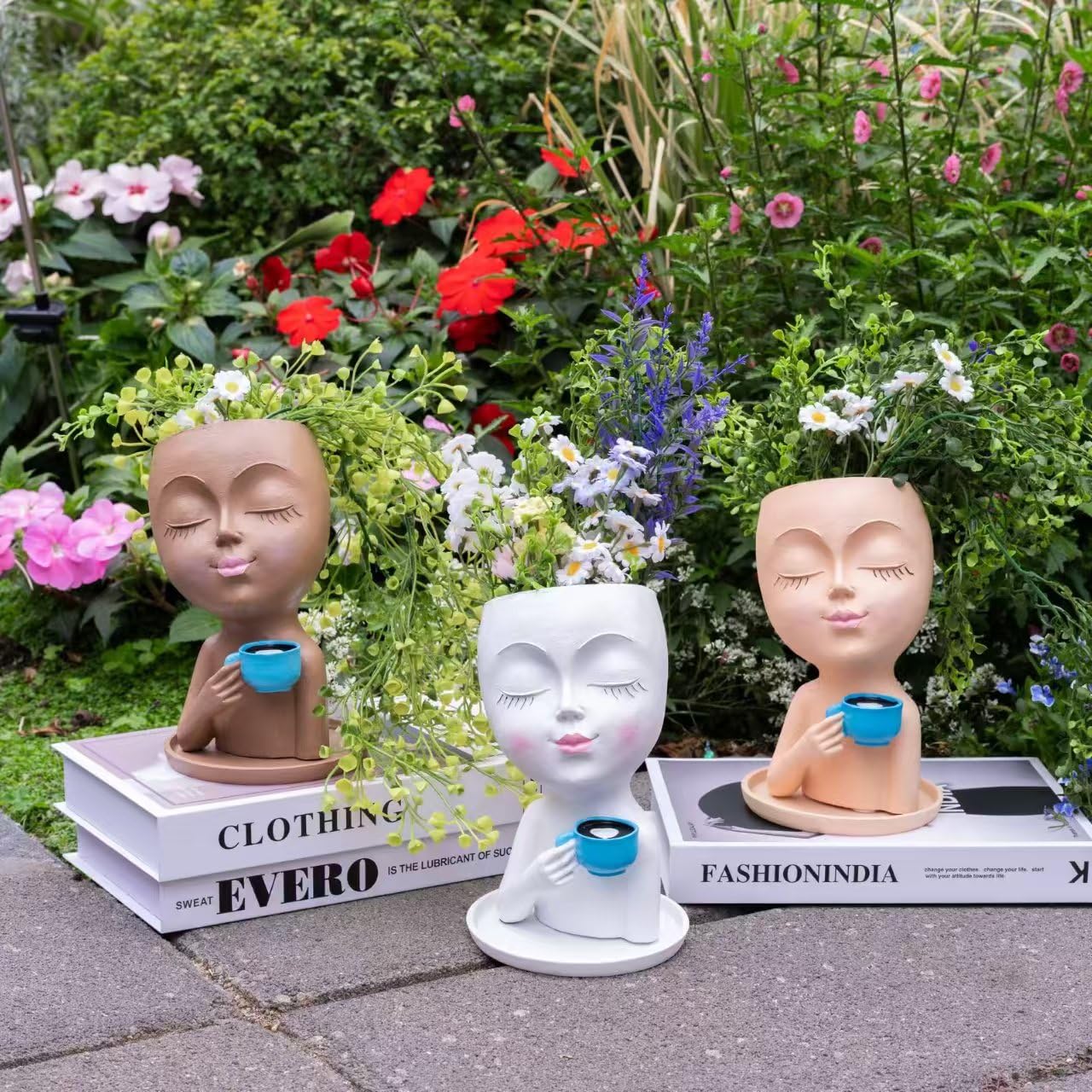 LaulaEnderay Lady Face Planters Flower Pot for Indoor Outdoor Plants, Funny Resin Succulent Planter with Drainage Hole, Cute Head Plant Pots for Home Decor Brown