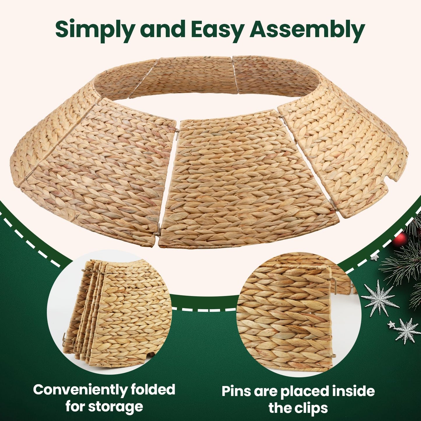 42" Christmas Tree Collar, Hand Woven Hyacinth Christmas Tree Base - 8 Piece Rustic Farmhouse Style Tree Skirt Replacements for Artificial Trees, Fits Below 41" Tree Stand, Natural Hyacinth