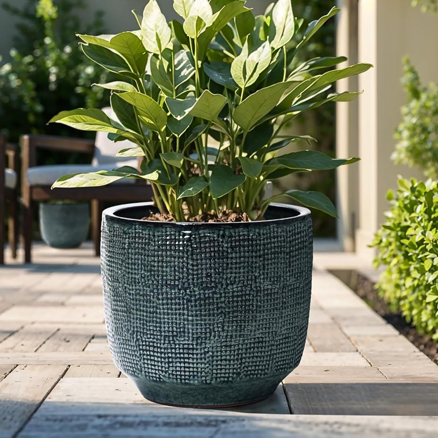 LuxenHome 15.5" Dia Large Ceramic Pots for Plants, Modern Green Glazed Planters for Outdoor Plants, Round Indoor Flower Pots with Drainage Hole and Rubber Plug for Home Garden Patio