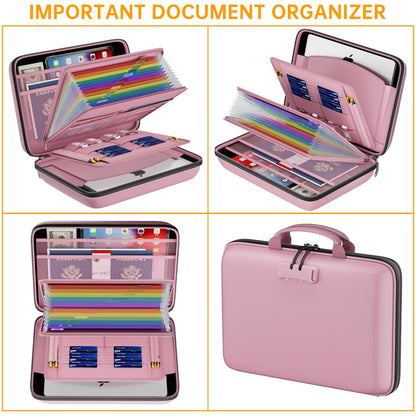 DocSafe Fireproof File Organizer with Lock, Hard-Shell Case Fireproof Document Box with 13 Pocket Accordion File Folder, Portable Home Office Travel Safe Storage for Important Documents Laptop Pink