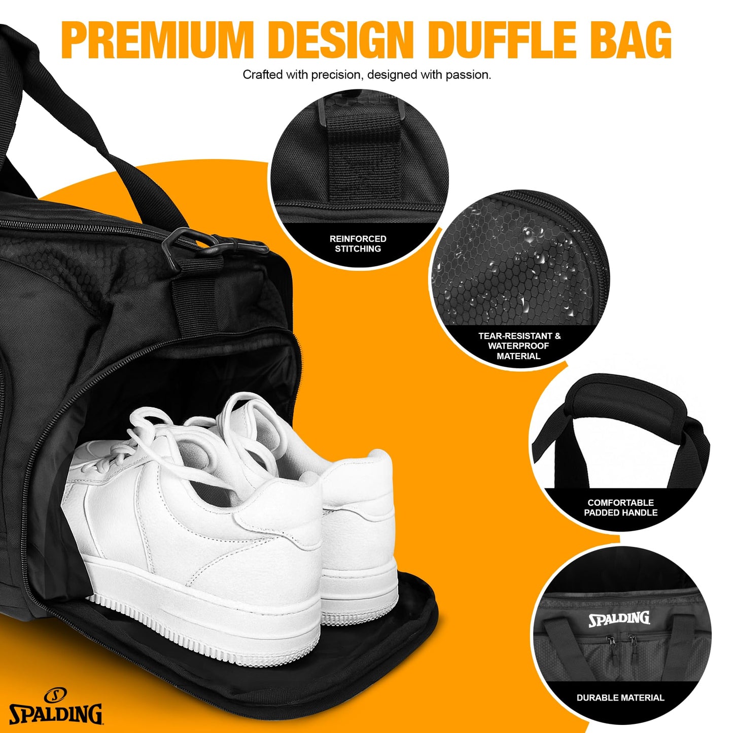 Spalding Gym Bag for Men & Women Duffle Bag with Wet & Shoe Compartment - 55L Capacity Large Workout Bags for Travel, Sports