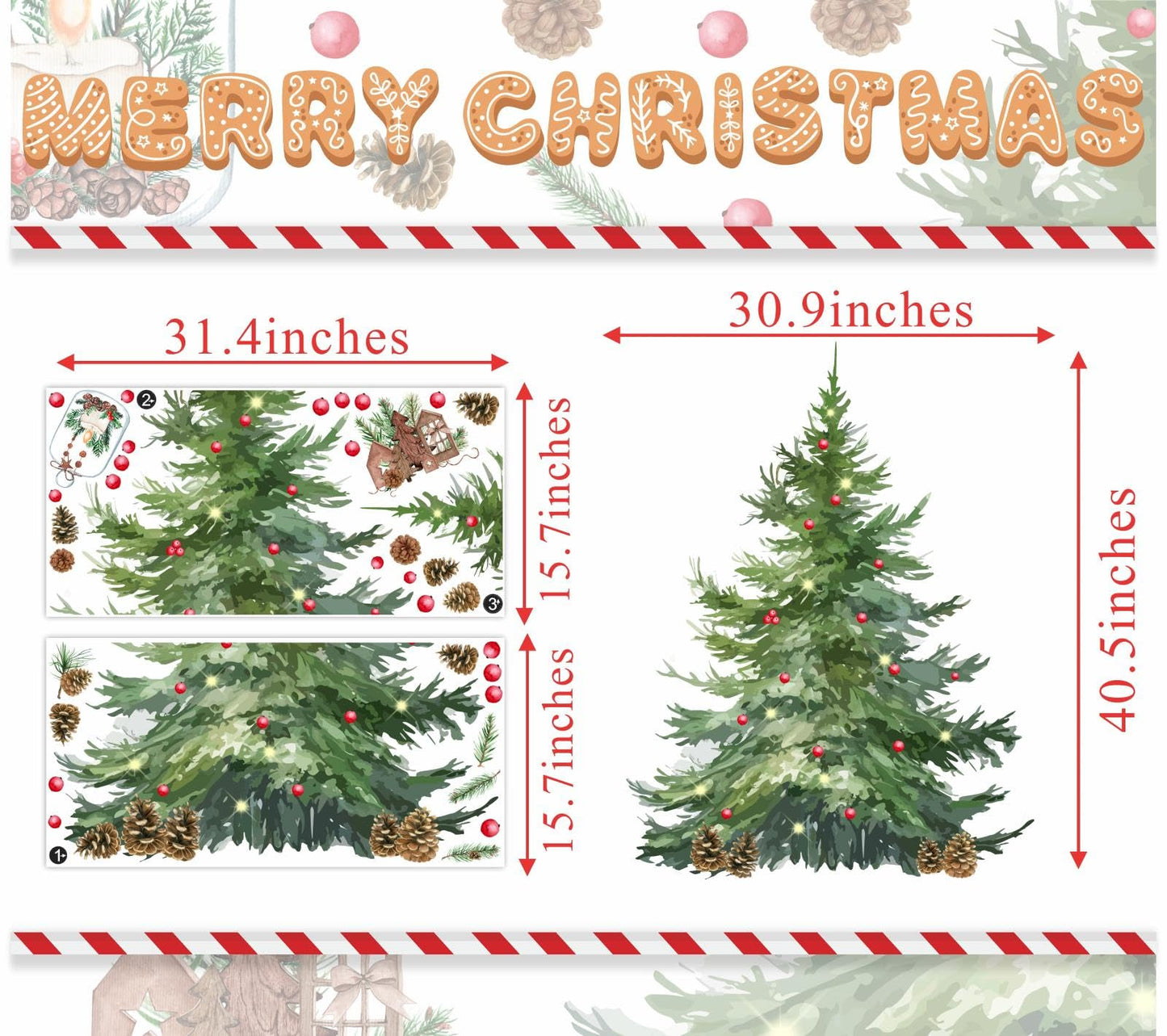 Large Pine Tree Wall Stickers Watercolor Christmas Tree Wall Decals Peel and Stick Removable Evergreen Trees Decal Winter Merry Christmas Art Murals for Living Room Kitchen Gift Xmas Party Supplies