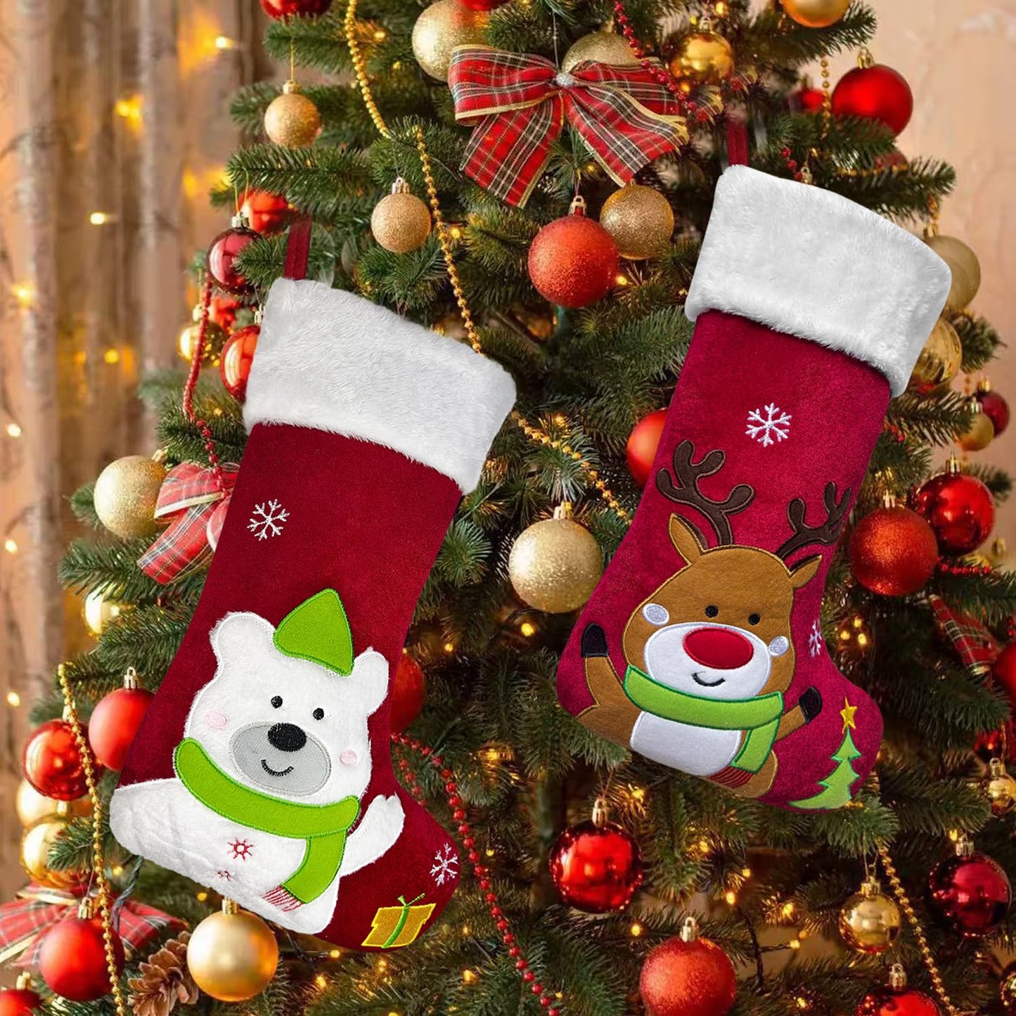 Snowman Christmas Stocking, 20" Velvet Cute 3D Deer Bear Moose Reindeer Xmas Stocking for Children Kids Girls Boys Women Men