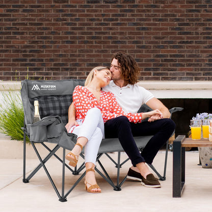 Double Camping Chair Padded 2 Person Camping Chair Camping Loveseat - Heavy Duty Oversized Camping Couch for Adults Outdoor Lawn Beach - Portable Folding Sofa with Cup Holders and Carry Bag, Grey