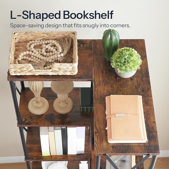 HOOBRO Corner Bookshelf, 5-Tier L-Shaped Bookcase, Industrial Open Display