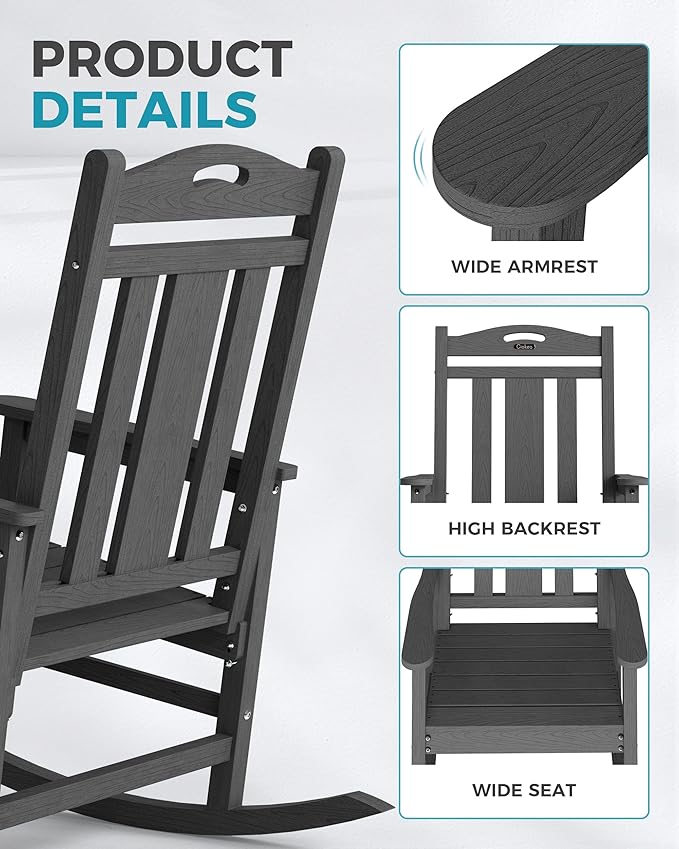 Ciokea Oversized Outdoor Rocking Chair, 380lbs Heavy-Duty Large Patio Rocker, Weather Resistant & Anti-Fade Porch Chair, High Back Cozy Rocking Chair for Outside, Fire Pit, Deck, Garden, Dark Grey