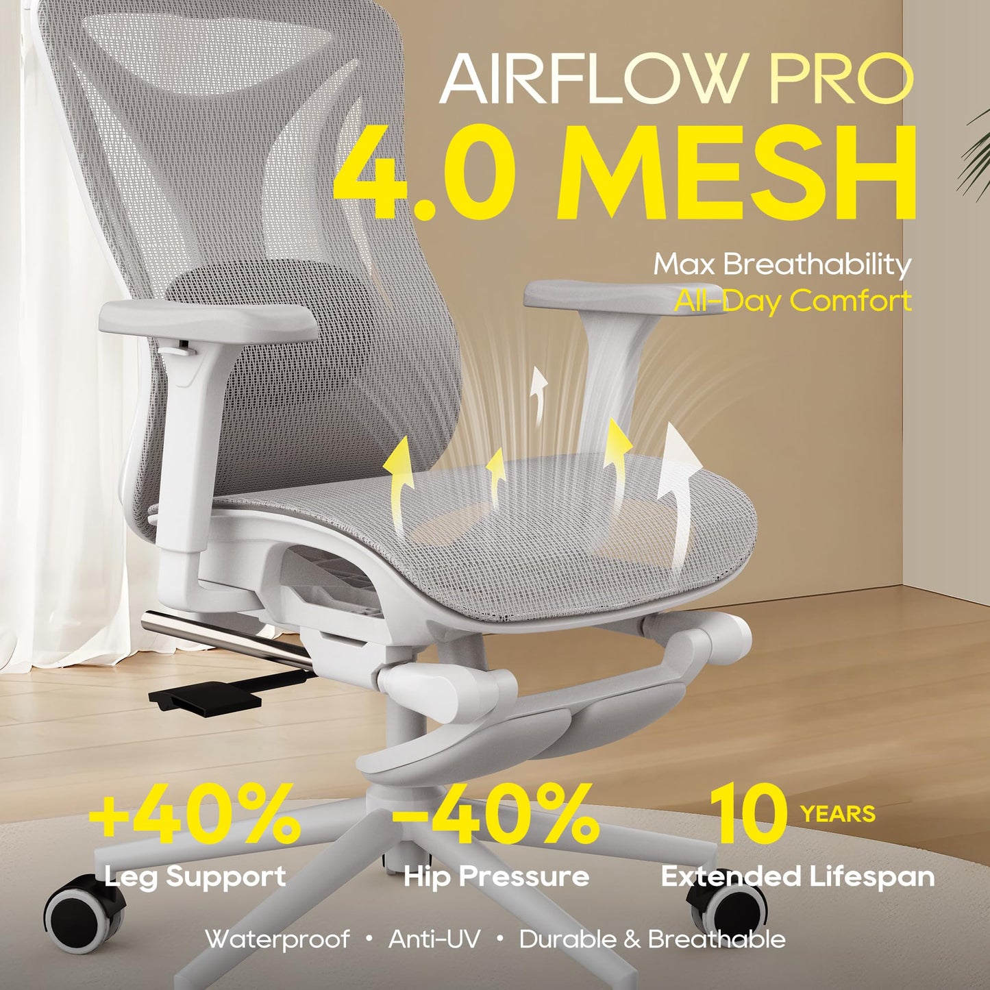 CYKOV Ergonomic Office Chair with Footrest - Adjustable Lumbar Support & Headrest, 90-160° Reclining Mesh Back Computer Chair - Home Office/Gaming, 350lbs Capacity (W-Grey, Mesh)