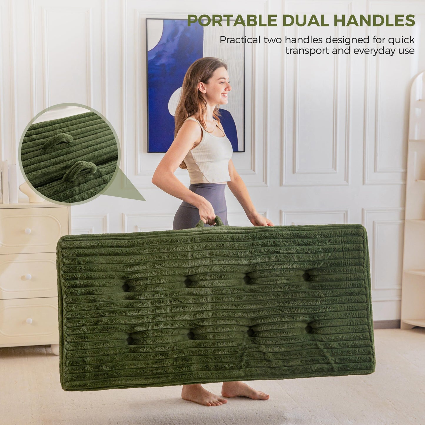 MAXYOYO Floor Sofa Couch, 6 Inch Tri-Fold Floor Sofa Bed, Folding Couch with Handles, Soft Faux Fur Folding Bed with Supportive Foam Filling, Portable Sofa for Living Room, Full, Dark Green