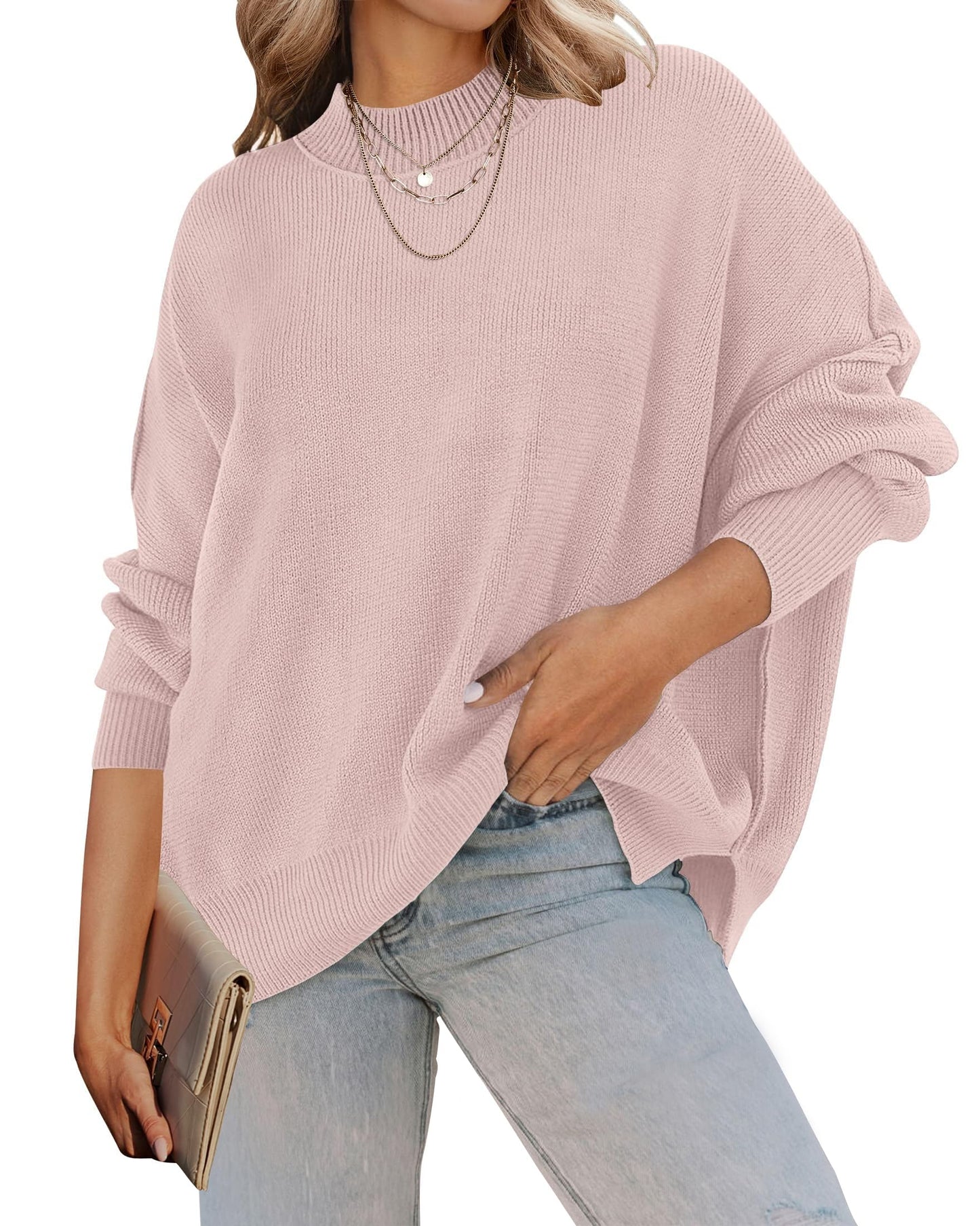 ZESICA Women's Fall 2025 Casual Long Sleeve Crew Neck Side Slit Oversized Ribbed Knit Pullover Sweater Tops