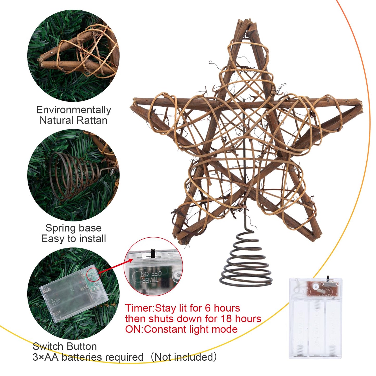 LAWOHO Christmas Tree Topper Star, 10-inch Rustic Brown Rattan Natural with 10 Warm White Lights Three Functions with Timer, Seasonal Decoration for Festive Christmas Home Indoor Ornament