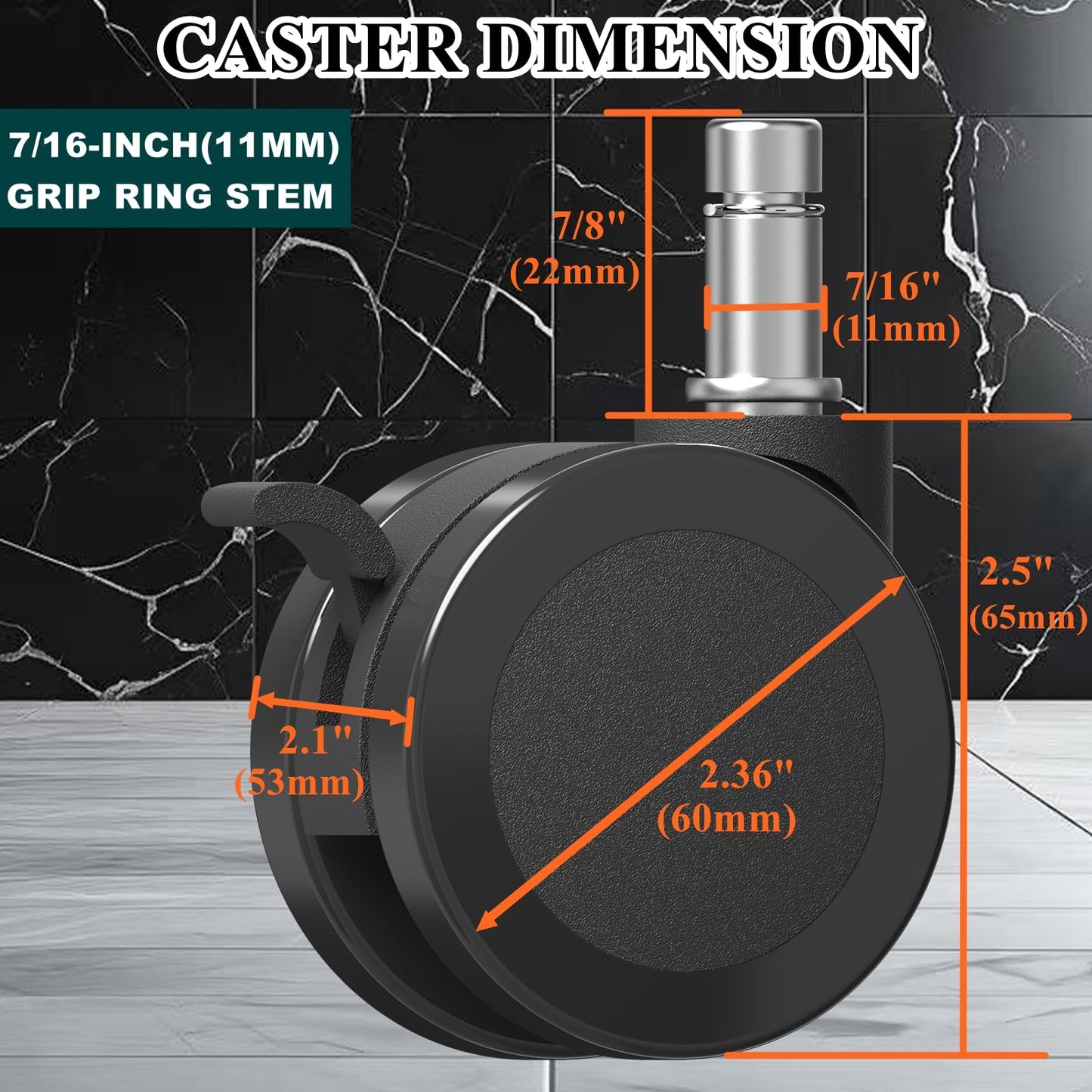 Office Chair Caster Wheels Replacement with Brake, 2.36"(60mm) Casters Replacement for Office Chair or Stool Wheel, Universal Size 11x22mm for Carpet and Hardwood Floors with Brake(Set of 5)