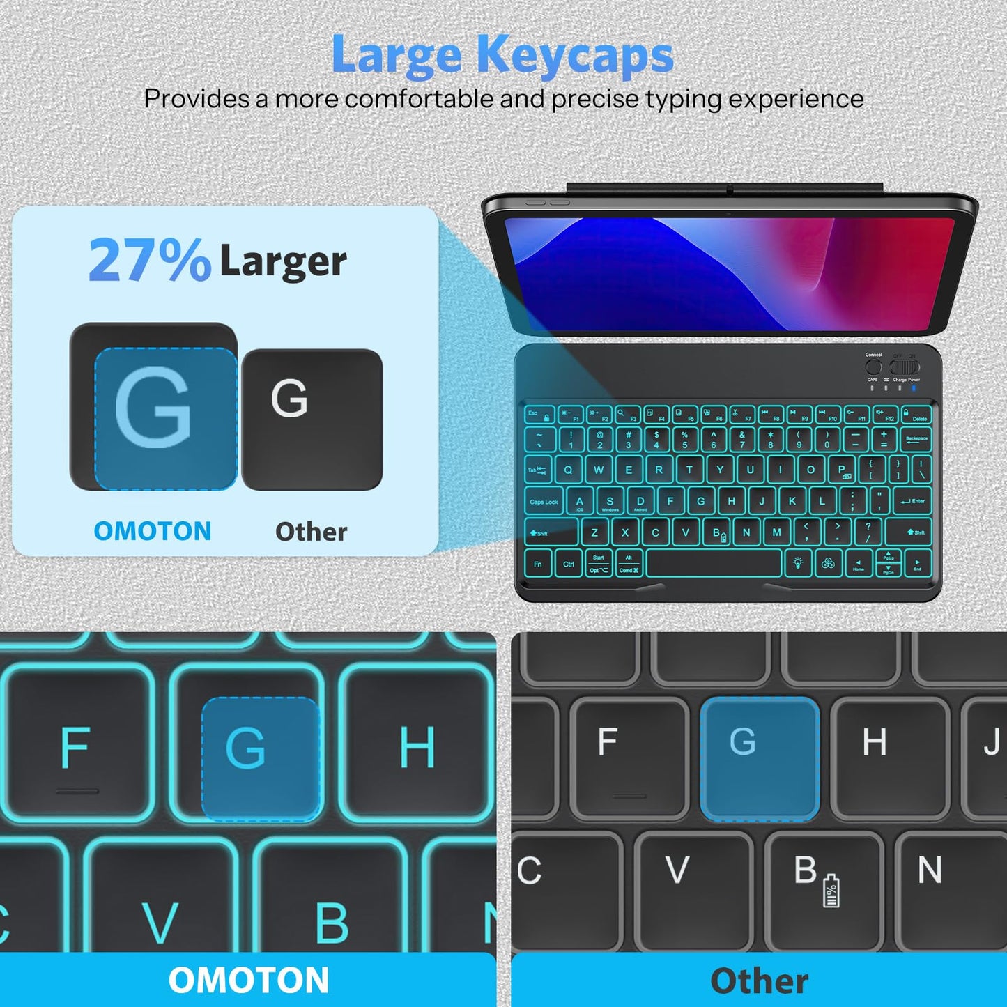 OMOTON Bluetooth Keyboard for Tablet/Android/Windows/iOS, with 7 Colors Backlight Rechargeable Wireless Mini Keyboard for Galaxy Tab A9+/A9+ Plus/S9/S9 Plus/S9 FE, Black