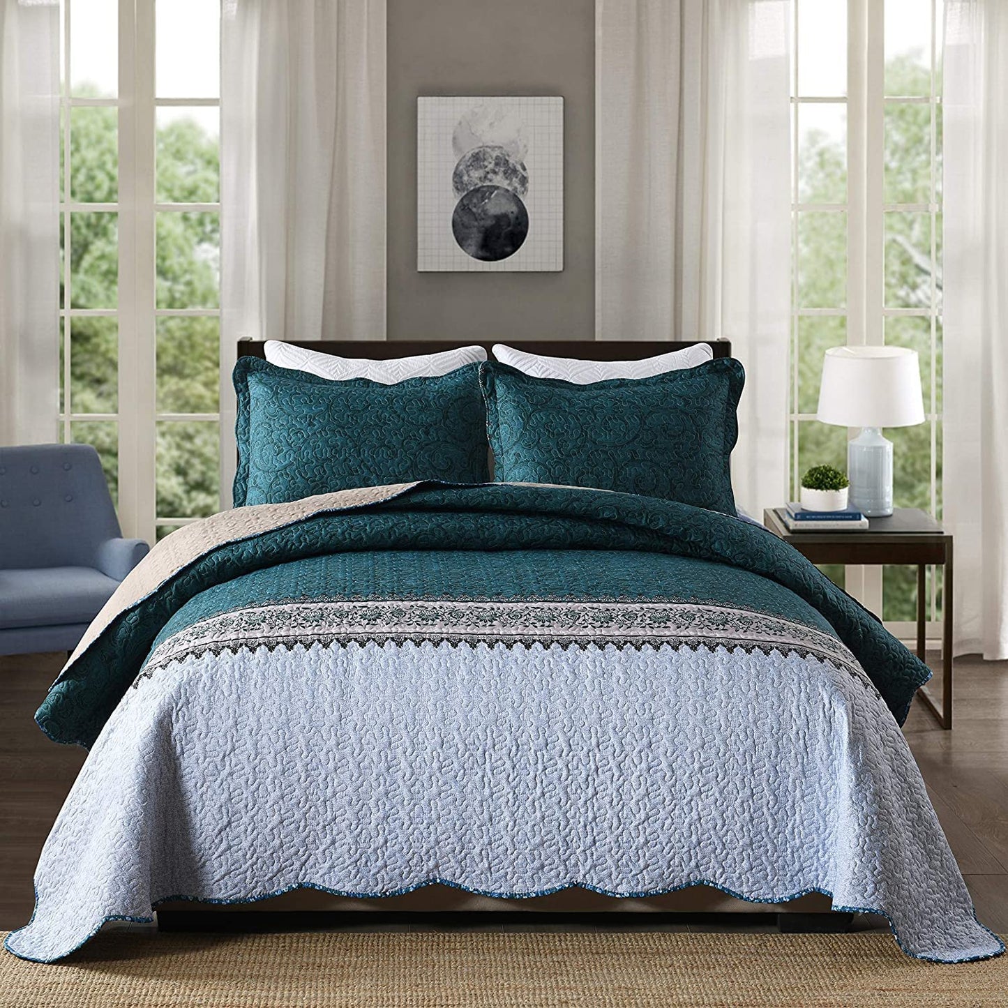 Travan 3-Piece King Quilt Set Quilted Bedspread Oversized Microfiber Soft Lightweight Bedding Set with Shams for All Season, Blue Ocean, King Size