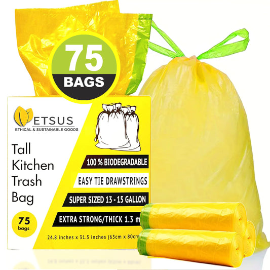13 Gallon Biodegradable Trash Bags with Drawstrings, 75 Count Plant Based, Code Q Tall Kitchen Compost Bags 50 Liter Bin - Green Garbage Liners - 1.3 mil Thick Heavy Duty and Eco Friendly Trash Bags