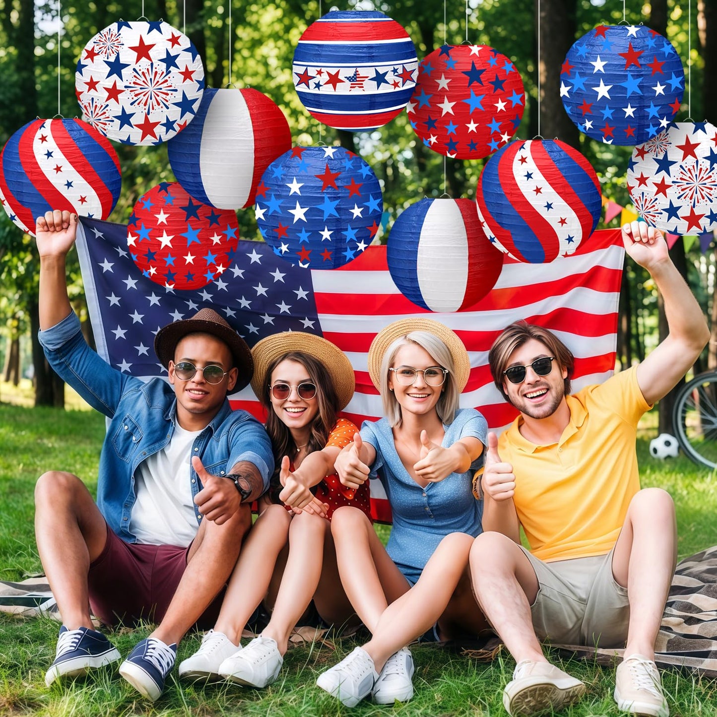 ADLKGG 4th of July Independence Day Paper Lanterns Party Decorations for Patriotic American Stars and Stripes Blue Red Memorial Day Decorations, Citizenship Party Decorations, Labor Day, 12PCS
