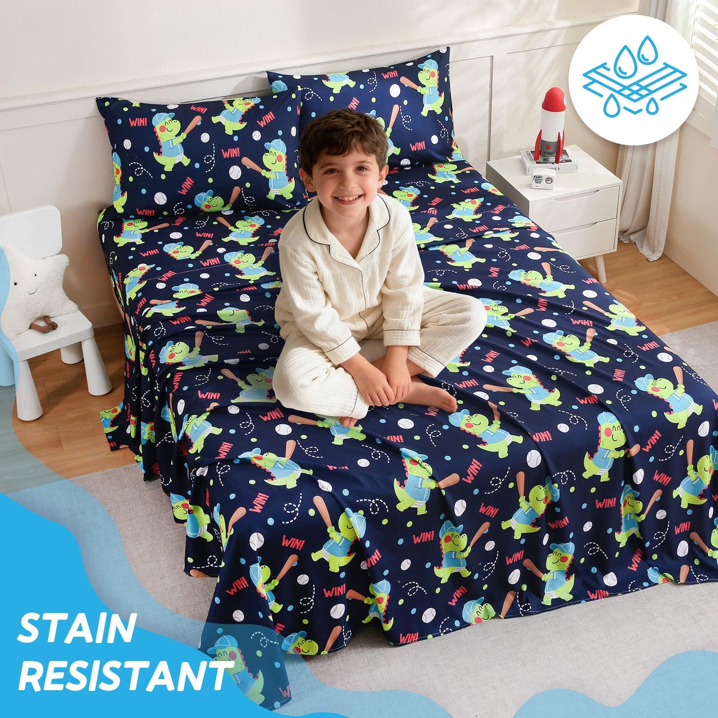 ChicView Queen Sheet Set Kids,4 Pieces Breathable Soft Microfiber Bedsheets for Child Boys Girls, Anti Pilling Deep Pockets Easy Care Bed Sheets, Dino