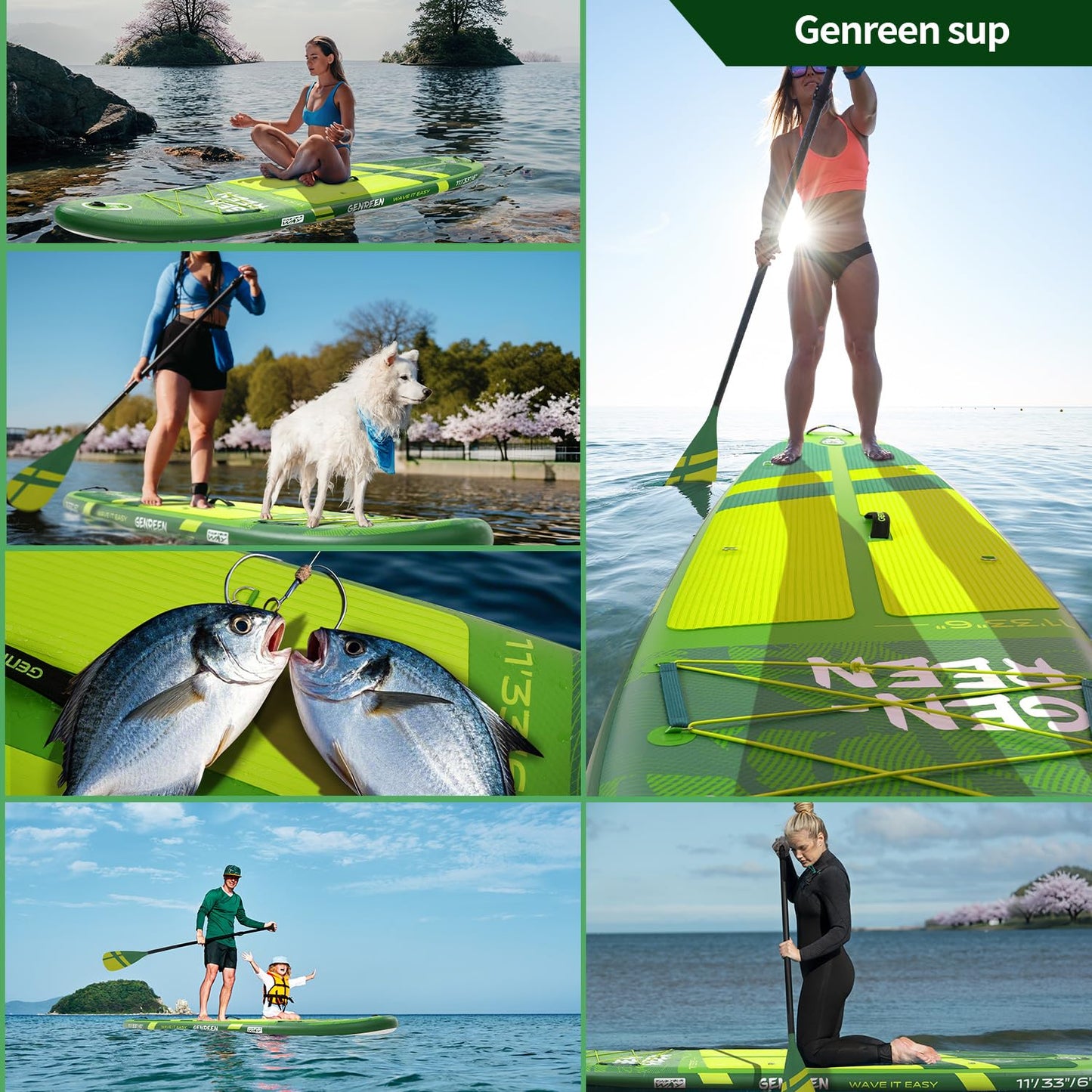 Genreen Inflatable Stand Up Paddle Board 11'33"6" 400LBS Capacity with 0.5cm EVA Deck, 3 Fins, Quality Inspection5 for Japanese Customers Ultra Stable Paddleboard (Monstera Lawn Green)