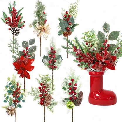 HNGWLYN Artificial Christmas Picks 8 Pack Red Berries Stems Evergreen Faux Pine Branches Christmas Picks Spray Pine Cones Holly Leaves for Winter Holiday DIY Craft Garland Wreath Ornament