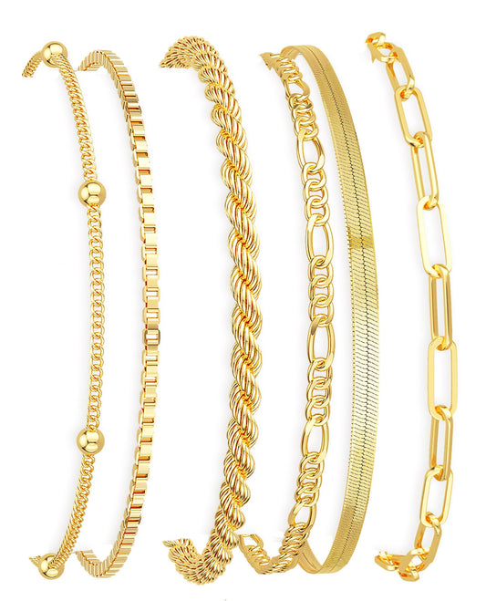 DEARMAY Gold Bracelets for Women Non Tarnish Jewelry Sets 14K Gold Plated Bracelets Stack Trendy Dainty Stackable Paperclip Rope Snake Box Figaro Chain Bracelets Set Pack Costume Fashion Gifts