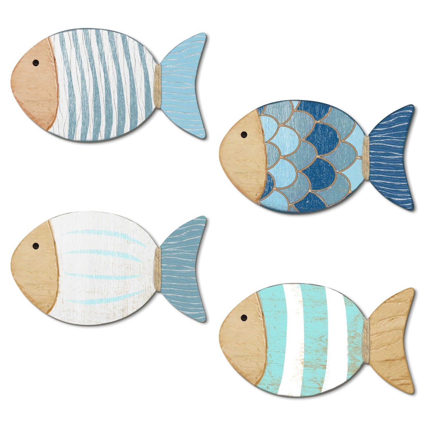 Putuo Decor 4 Pcs Wood Fish Wall Art, Nautical Beach Decor, Wooden Fish Hanging Sculptures, Blue (5.5 In)