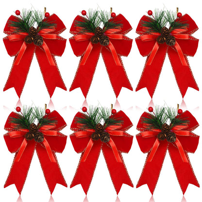 Syhood 6 Pcs Christmas Bows with Pine Cones Pine Needles Xmas Velvet Bows Red Ribbon Christmas Tree Wreath Decoration for Xmas Parties Indoor Outdoor Crafts DIY Decor