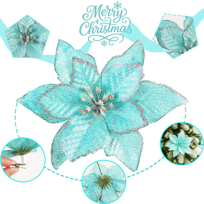 KEPATO Christmas Poinsettia Ornaments Ice Blue, 12 Pcs 6" Artificial Flowers, Glitter Teal Blue Christmas Tree Decorations for Winter Wonderland Theme