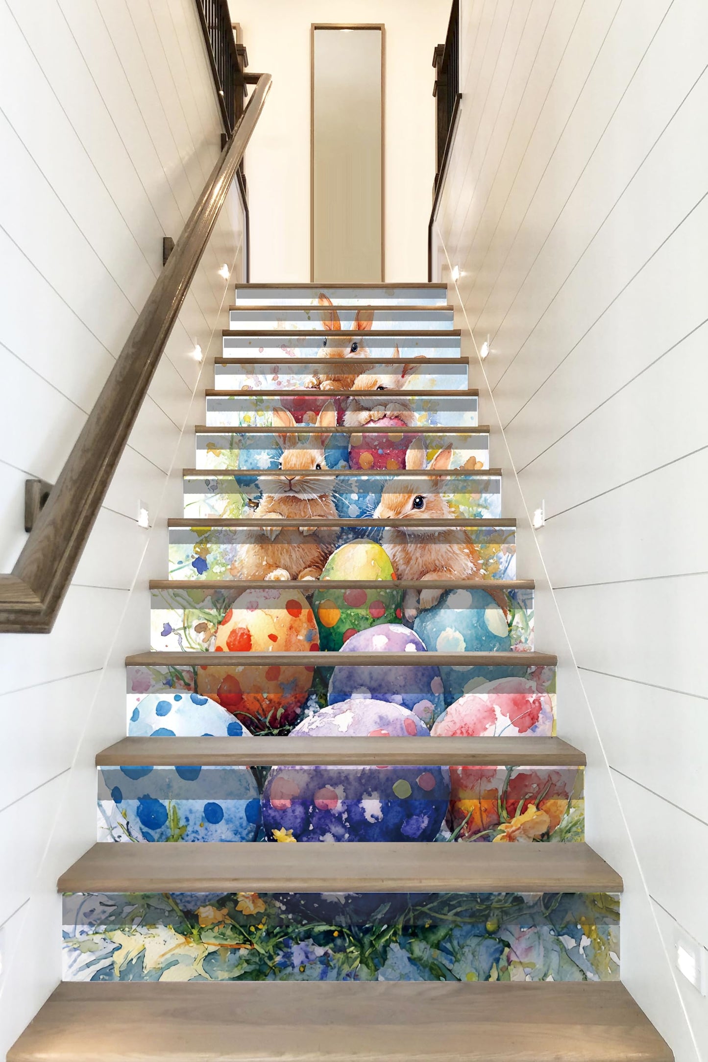 AMAZING WALL Peel and Stick Removable Watercolor Bunny Rabbits Colorful Eggs Risers Stairs Self Adhesive Wall Sticker Set 12 PCS