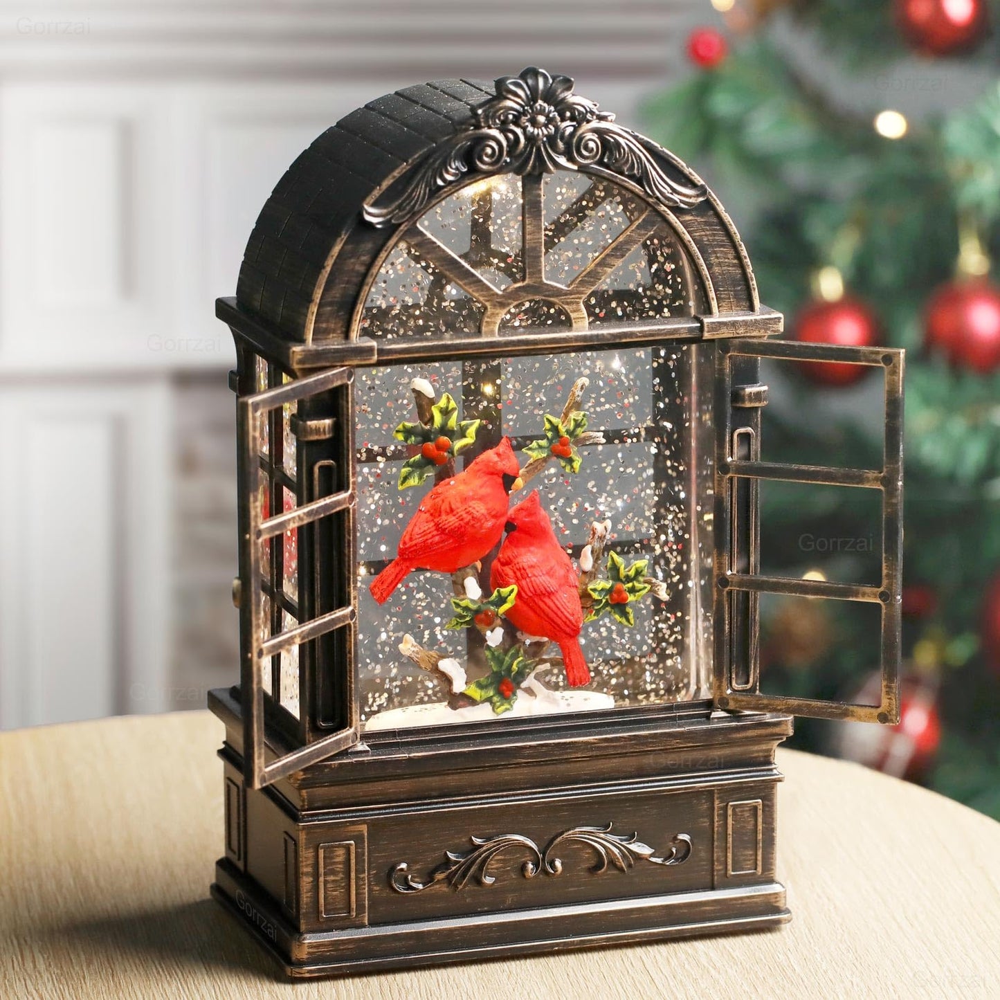 Gorrzai Cardinal Snow Globe Lantern Christmas Snow Globes Arched Window Shape Christmas Decorations Indoor for Home Timer Christmas Music Box, USB and Battery Powered
