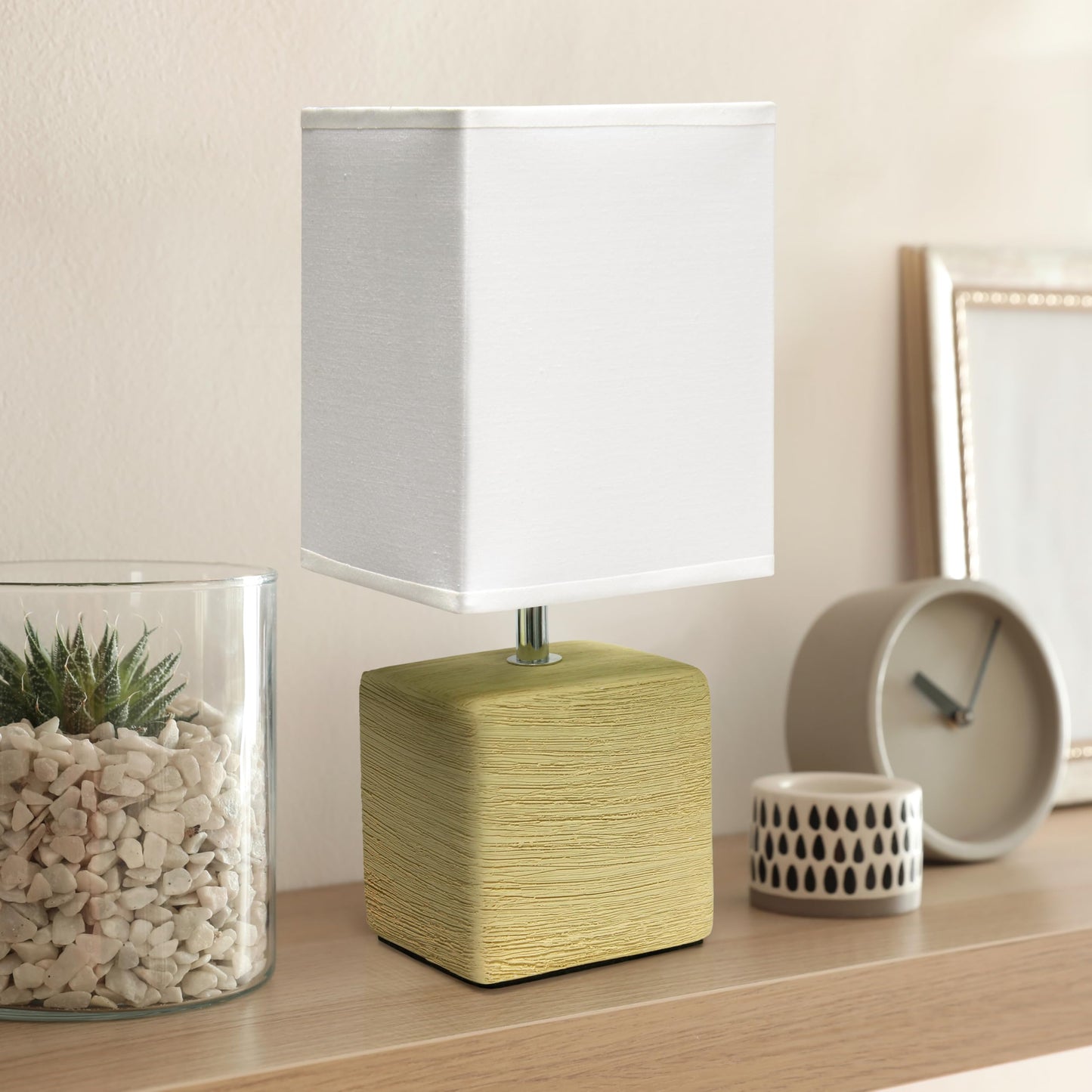 Simple Designs LT1218-BGE 11.81" Mini Cube Faux Stone Ceramic Table Lamp, for Living Room, Bedroom, Office, Beige with White Shade