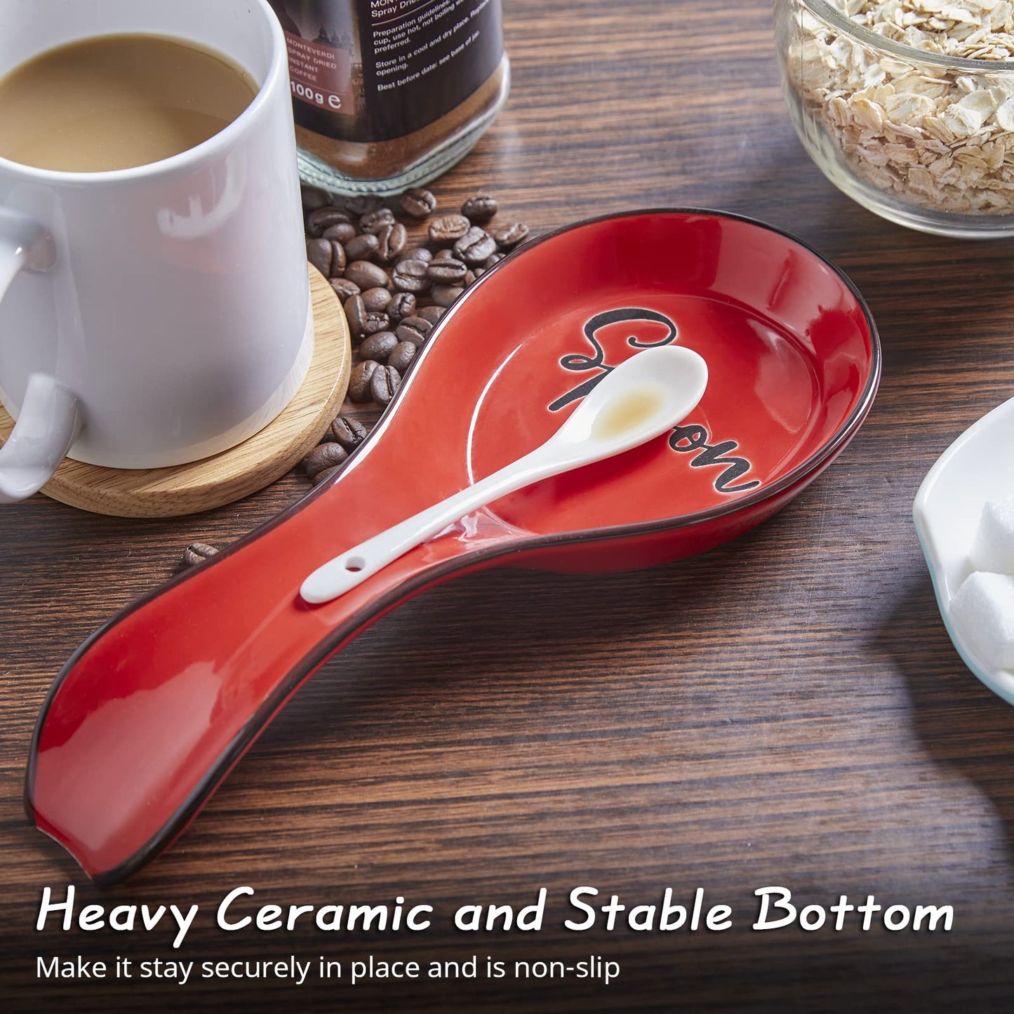 Ceramic Spoon Rest for Stove Top, DAYYET Large Spoon Holder, Spoon Rest for Kitchen Counter, Utensil Rest for Ladles, Spatula, Tong, Red Kitchen Decor and Accessories