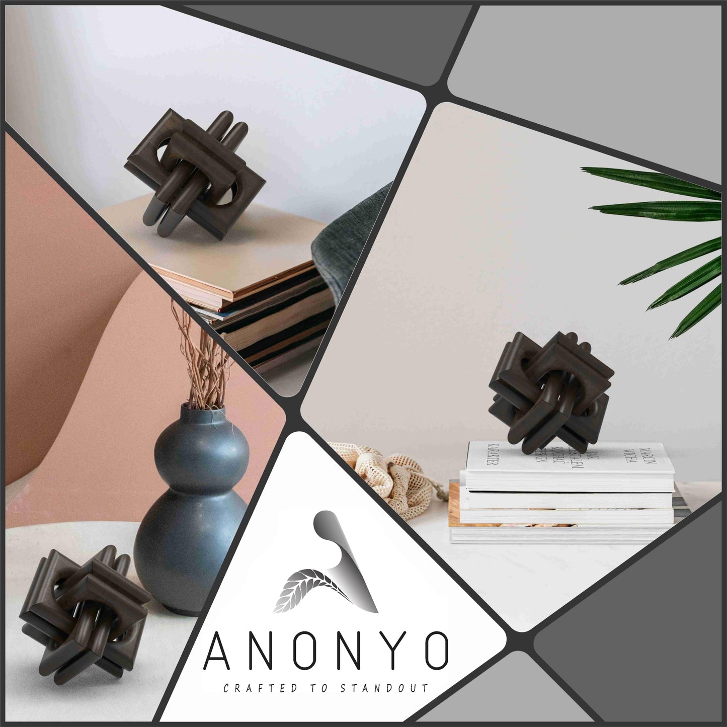 ANONYO Boho Wooden Chain Links Decorative Object for Coffee Table & Shelf | Handmade Mango Wood Knot Sculpture | Rustic Modern Arch Décor for Living Room, Entryway, Console,Office Home Accent (Black)