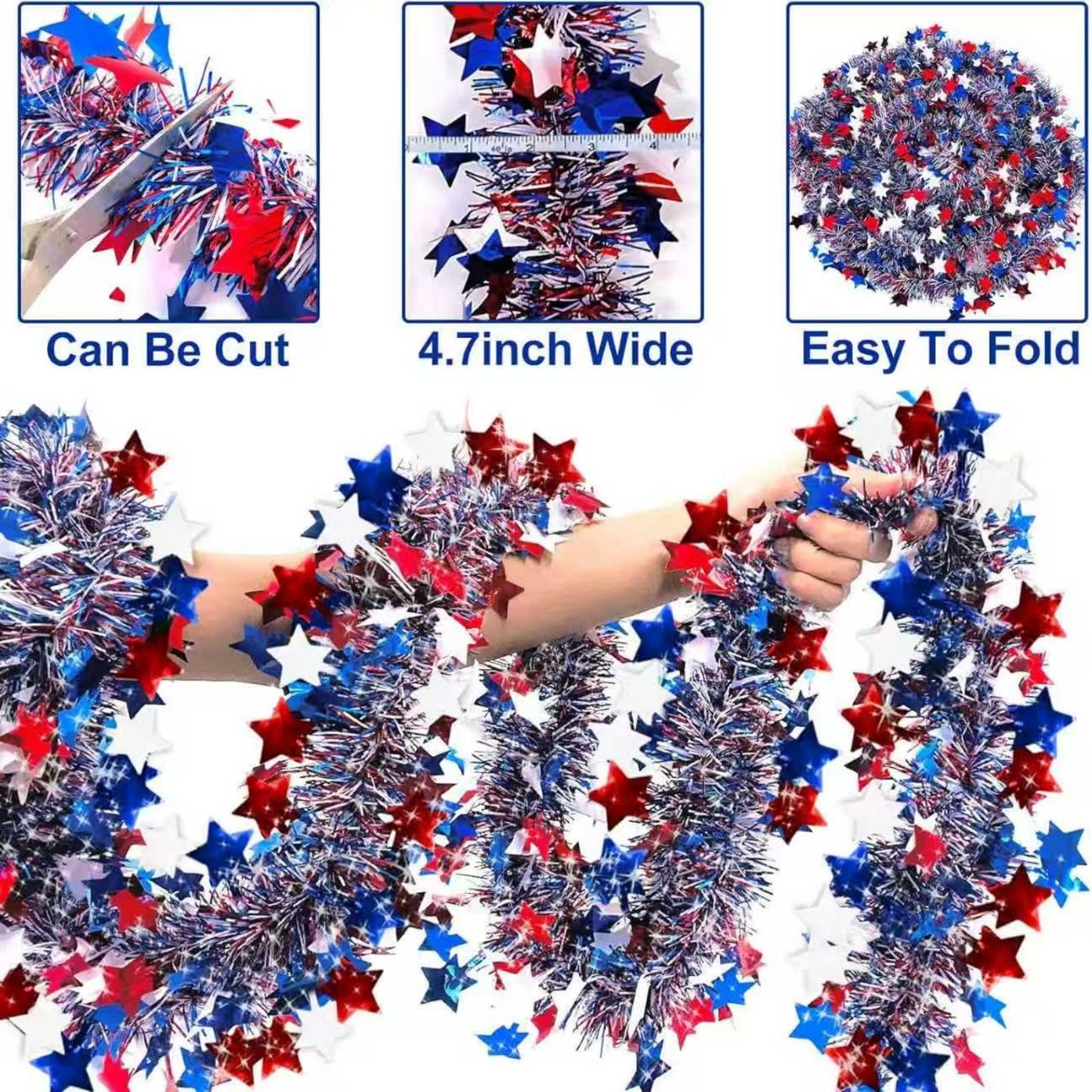 YunPuff 33Ft 4th of July Sequin Star Garland, Red White Blue Metallic Tinsel Twist Garland with 5-Pointed Stars, 2026 Patriotic Independence Day Decor for 250th Anniversary Home Staircase Porch