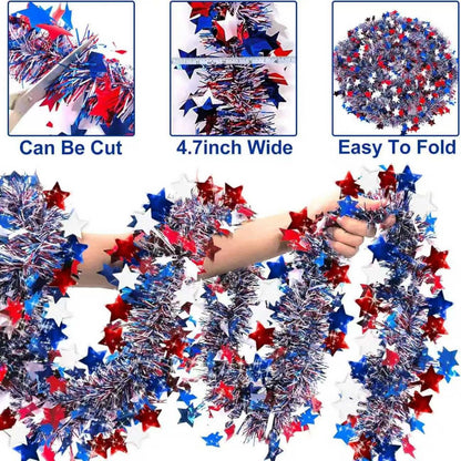 YunPuff 50 Ft Patriotic Star Garland, Red White Blue Metallic Tinsel with 5-Pointed Stars, 4th of July & America 250th Anniversary Decorations for Independence Day Party Mantle Porch Fireplace