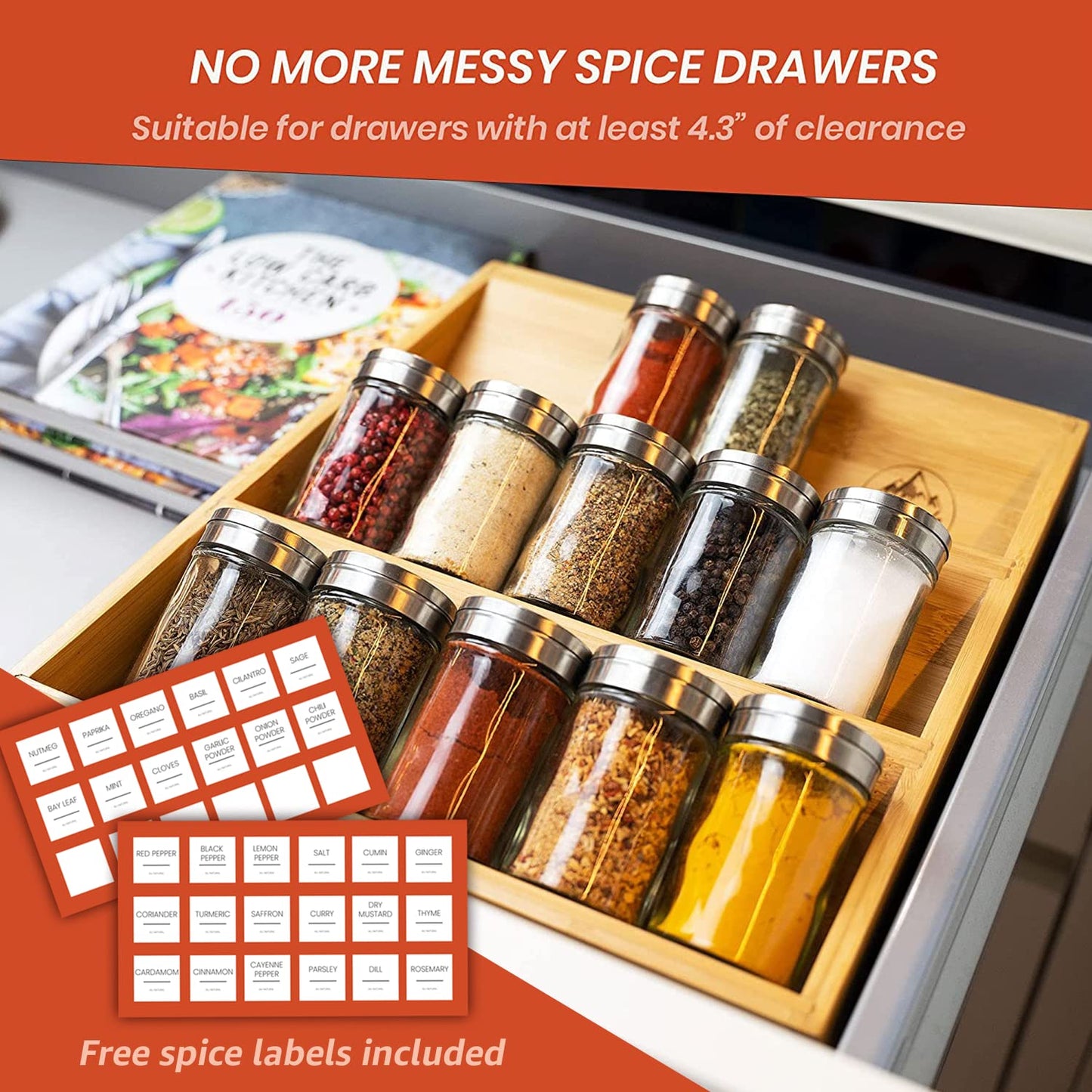Pinnacle Cookery Bamboo Spice Rack Organizer for Countertop - Eco Friendly Seasoning Organizer 3-Tier Spice Shelf - Space Saving Wooden Spice Rack