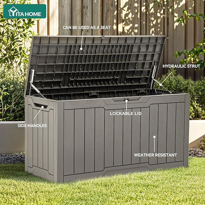YITAHOME 80 Gallon Outdoor Storage Box, Large Waterproof Resin Deck Box, Indoor Outdoor Lockable Storage Container for Patio, Garden, Cushions, Tools, Equipment (Taupe)