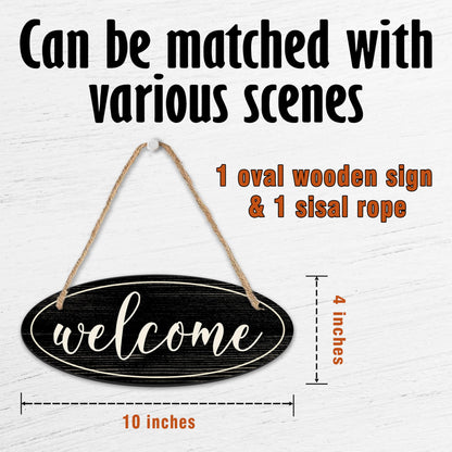 Welcome Sign - 4"X10“ Oval Wooden Hanging Sign With Sisal Ropes, Home & Office, Front Door Yard Sign, Indoor Outdoor Wall Decor & Accessories (Black & White) - B03