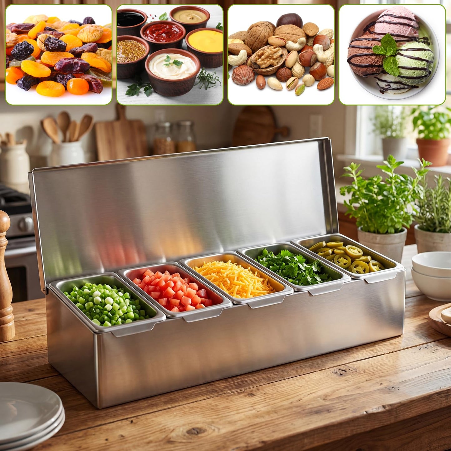 Ferrochef 5 Compartments Stainless Steel Chilled Condiment Tray, Garnish Tray with 5 Removable Compartments, Condiment Dispenser with Lid, Fruit Serving Containers