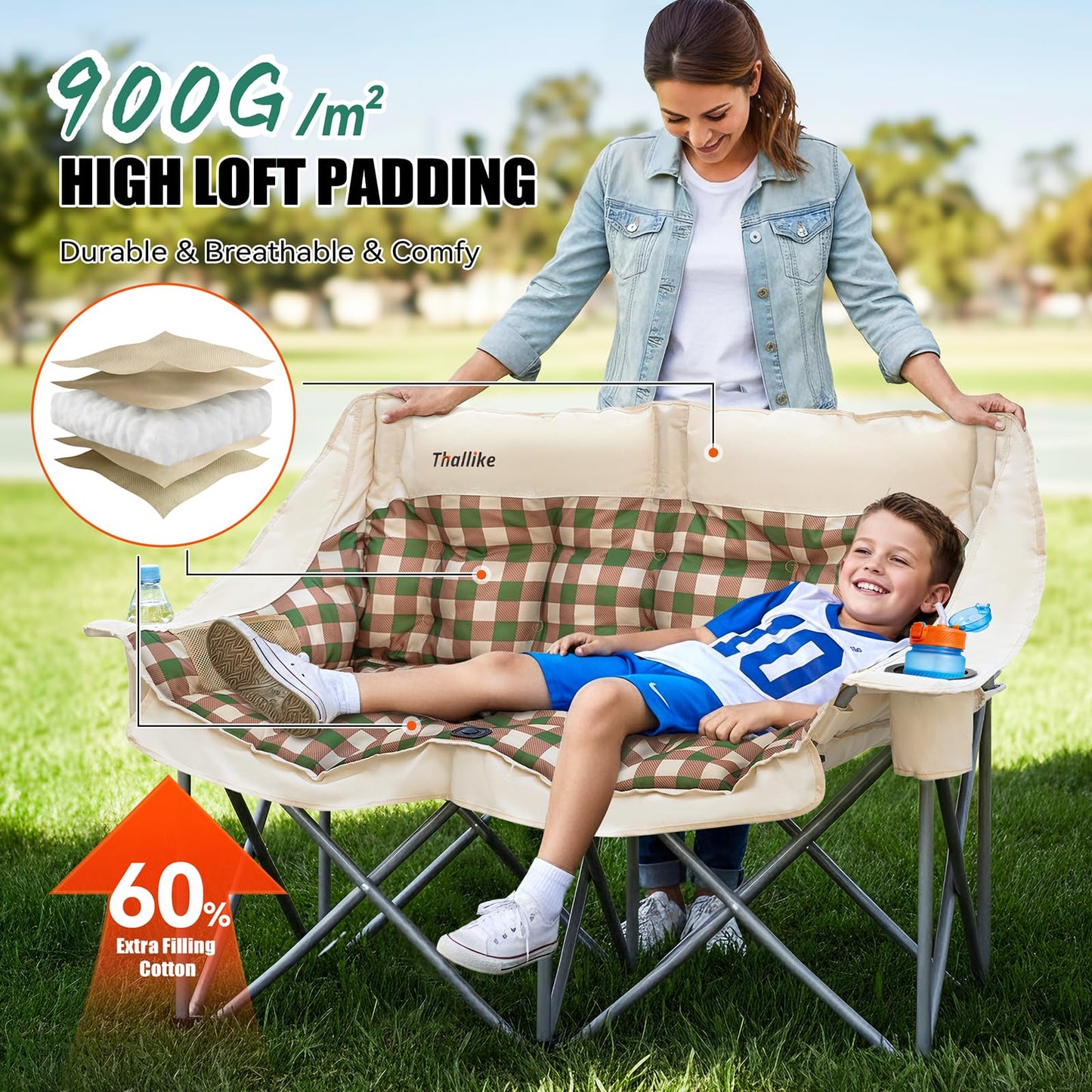 Thallike Double Camping Chair, Oversized 2 Person Camp Chairs with Cup Holders Side & Backrest Mesh Pockets Padded Loveseat Camping Chair Foldable for Outdoor Lawn Backyard Beach Support 800LB