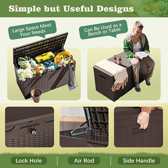 Flamaker Outdoor Storage Box 100 Gallon Waterproof Resin Deck Box Delivery with Air Rod Indoor Outdoor Lockable Storage Bench for Patio Cushions, Tools, Pool Accessories (Deep Brown)