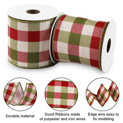 Whaline 2 Rolls Wired Edge Plaids Ribbon - Christmas Buffalo Check Red Green, 2.5 Inch Farmhouse Craft for DIY Gift Wrapping, Wreath, Xmas Tree Bow Decoration, 10 Yards