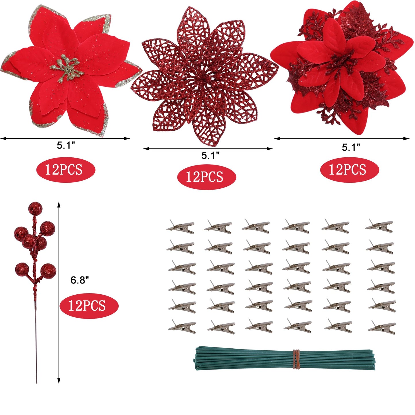 Asano Season 48 Pcs Fake Poinsettia Glitter Flowers and Berry Stems Artificial Red Christmas Flower with Clips Decoration for Xmas Tree Ornaments Party Wreath Decor (Red)