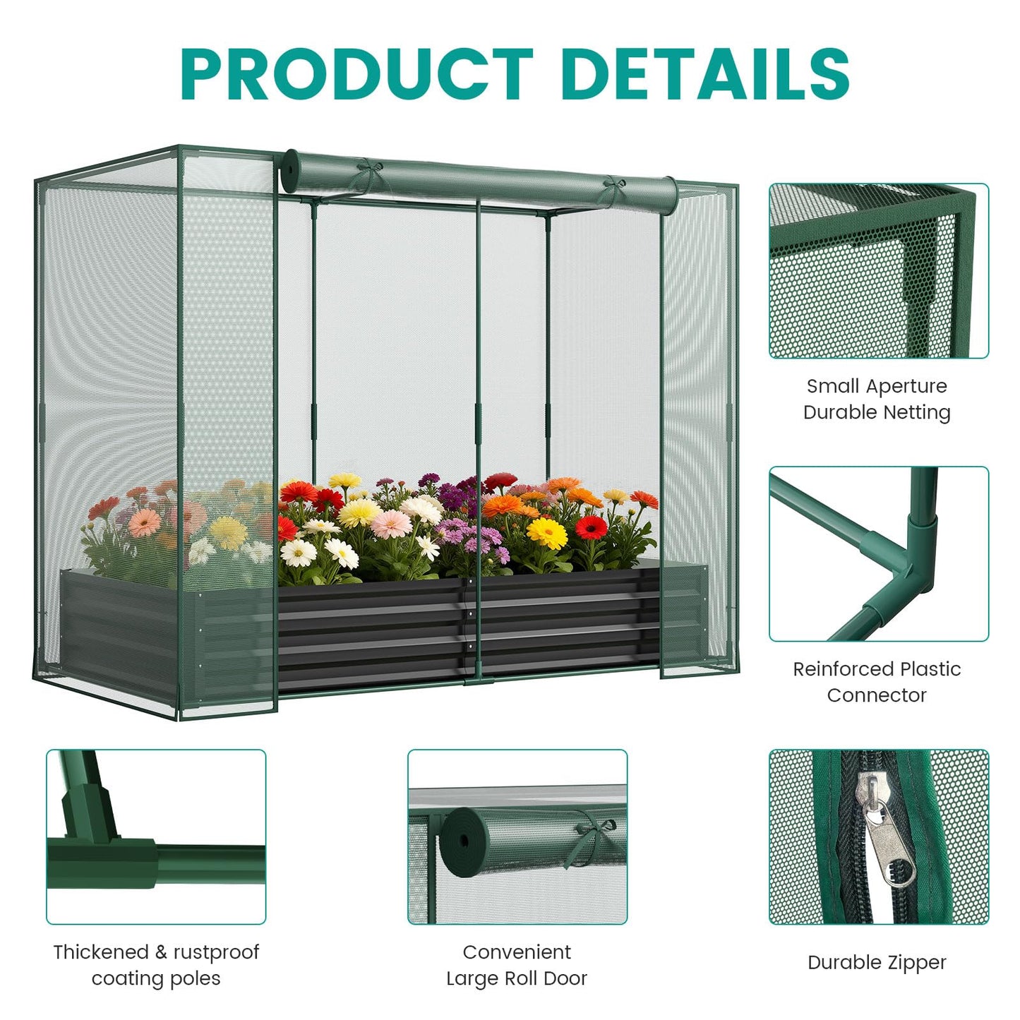 SUNYRISY Galvanized Raised Garden Bed with Protection Netting, Outdoor Metal Planter Box with Plant Crop Cage, Garden Box Protection for Gardening Vegetables Flowers Herbs Planting, Black