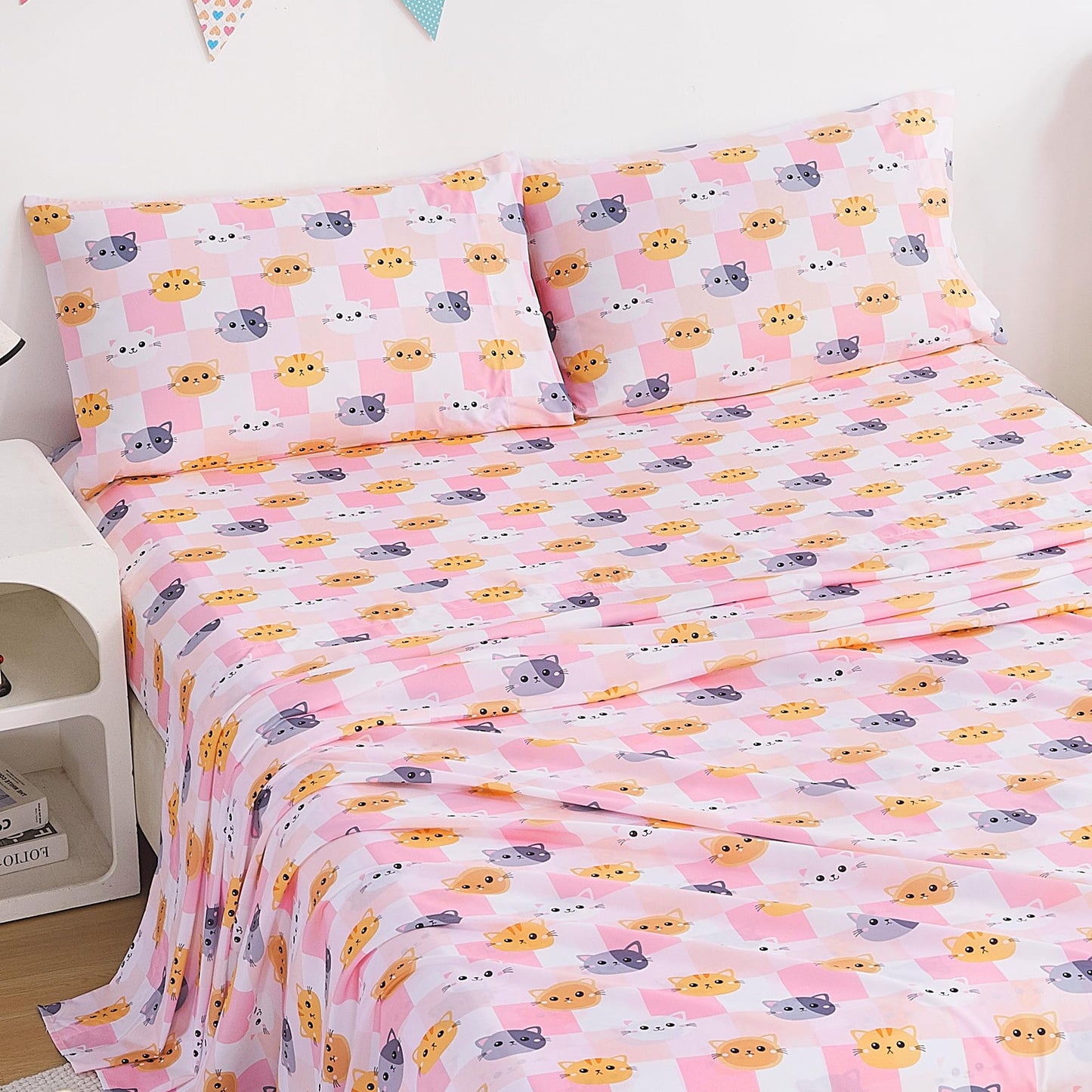 CozySmile Full Sheet Set Kids,4 Pieces Breathable Soft Microfiber Bedsheets for Child Girls, Oeko-TEX, Anti Pilling Deep Pockets Easy Care Bed Sheets, Cat Plaid
