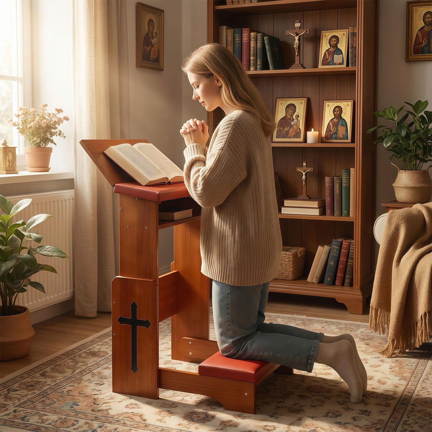 Fanwer Folding Prayer Bench for Home Use - Adjustable Wooden Kneeler for Prayer & Meditation, Compact Kneeling Altar with Bookshelf, Ideal for Church, Chapel, or Personal Devotion