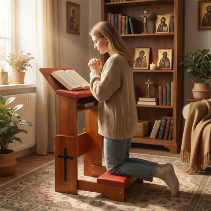Fanwer Folding Prayer Bench for Home Use - Adjustable Wooden Kneeler for Prayer & Meditation, Compact Kneeling Altar with Bookshelf, Ideal for Church, Chapel, or Personal Devotion