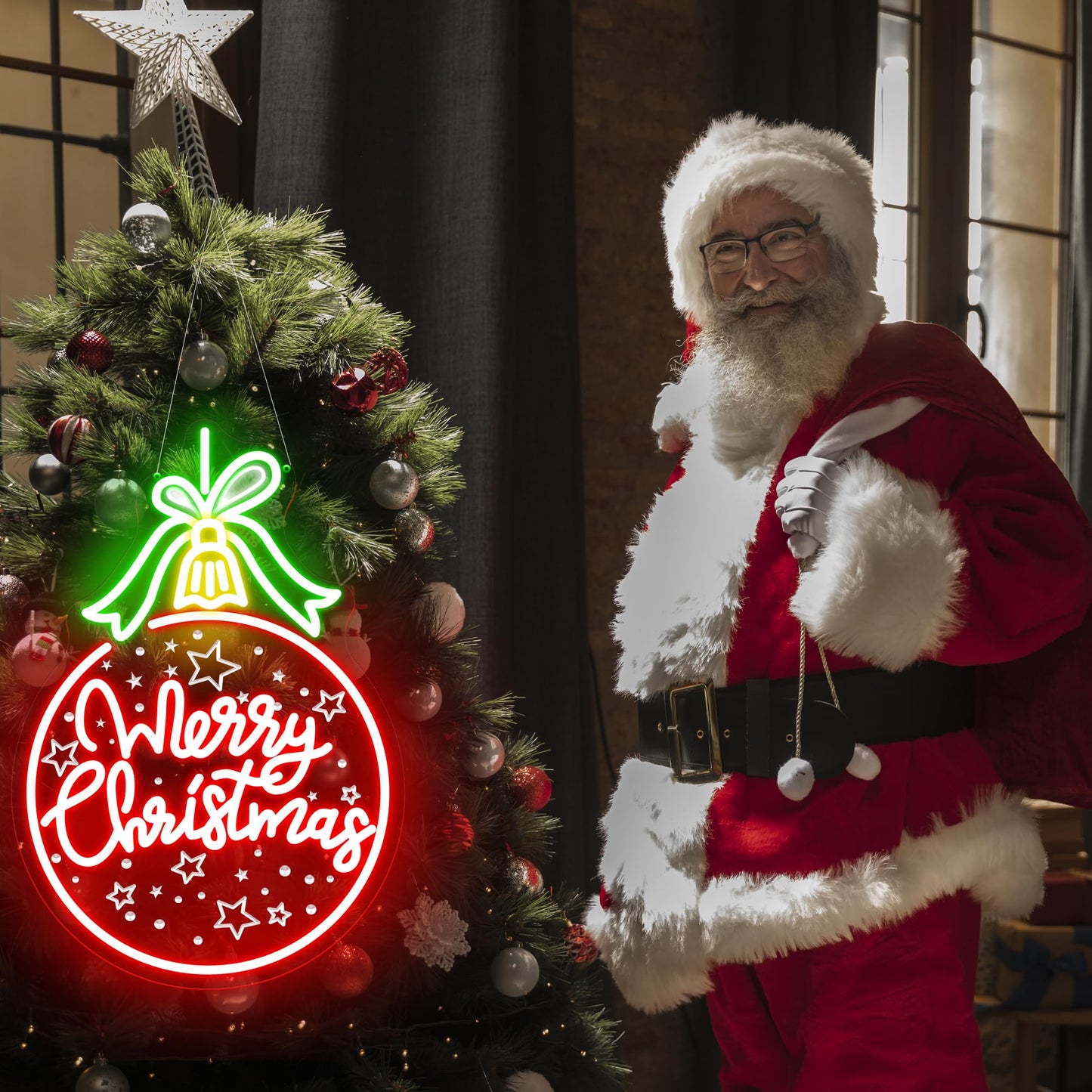 Red Christmas Ball Ornament with Green Bowknot, LED Light-Up "Merry Christmas" Lettering, Engraved Star Patterns, USB-Powered with 5 Brightness Levels, Festive Hanging Decoration 17.7″×12.2″