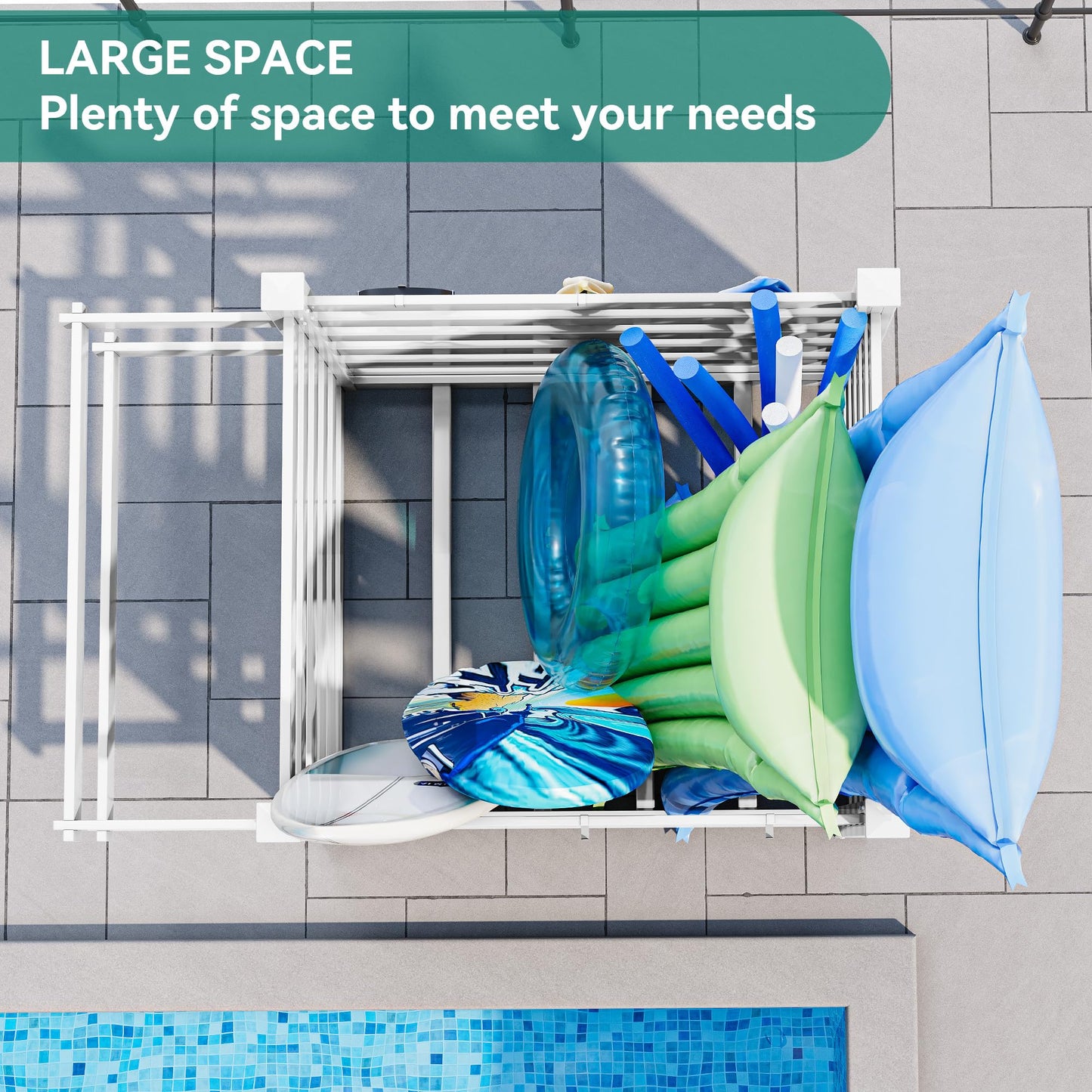 YITAHOME 64" W x 47" L x 39" H Poolside Deckbox Storage Organizer with 6 Movable Hooks, Outdoor Waterproof Pool Storage Bins