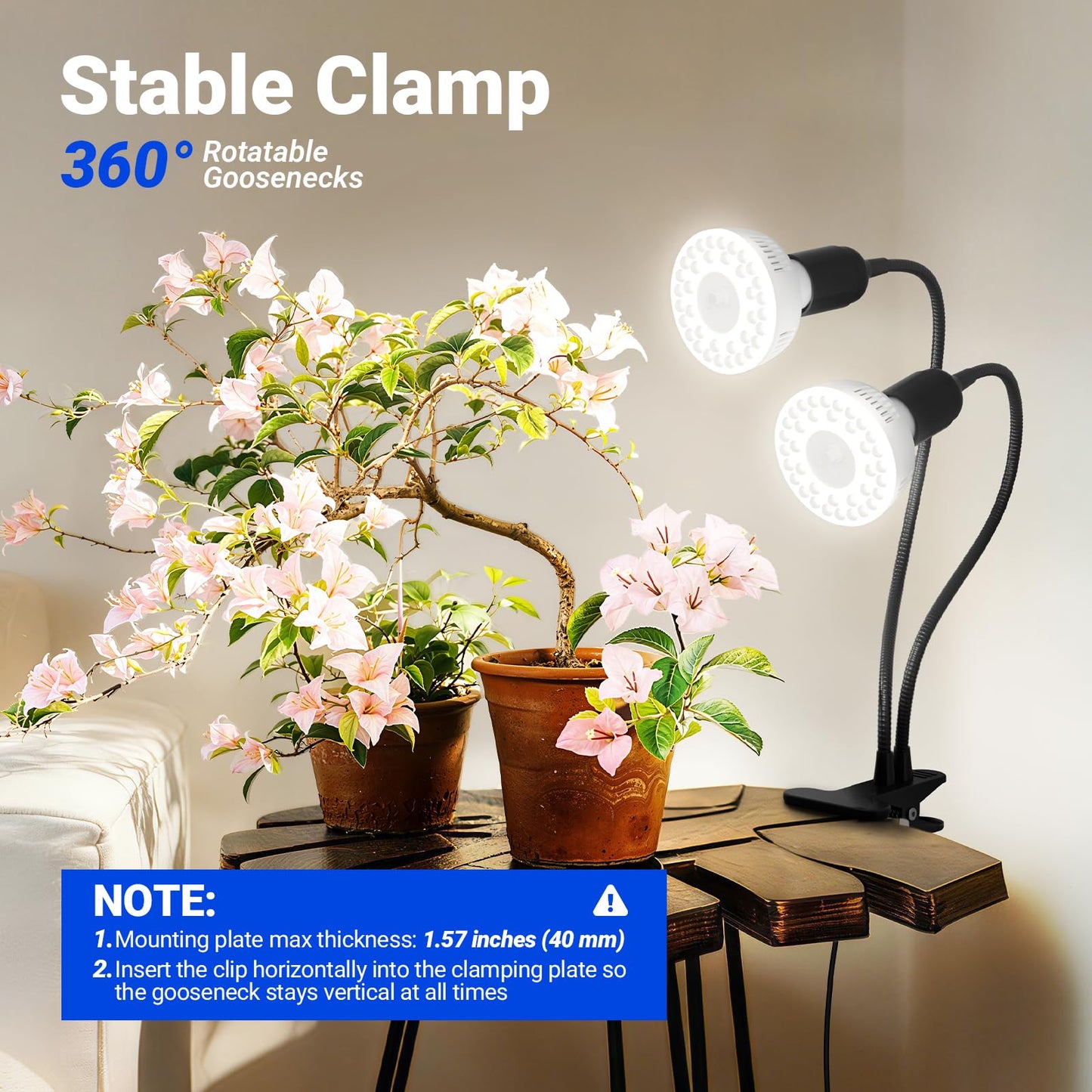 Barrina Orbgrow OG11A2 Clip On Grow Lights for Indoor Plants, Integrated Stepless Dimming & Timing, 5000K 22W(2 x 11W, 200 Watt Equiv), Full Spectrum 2-Gooseneck with E26 Plant Light Bulbs